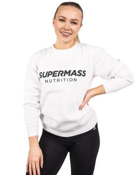 Supermass Nutrition valkoinen collegepusero, musta logo